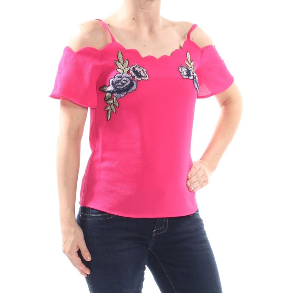 NWT BCX Womens Top Pink Short Sleeve Jewel Neck Embroidered Applique Juniors XS